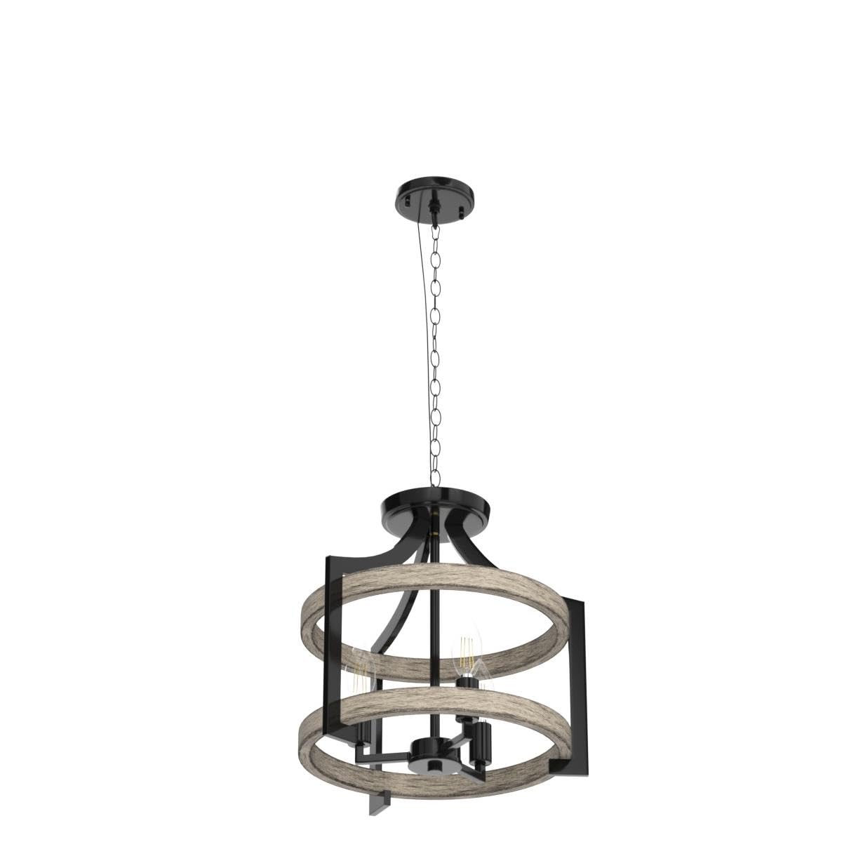 Beslowe 3-Light Rustic Farmhouse Pendant Light, Adjustable Height 68In, Black Metal Chandelier With White Birch Wood Finish