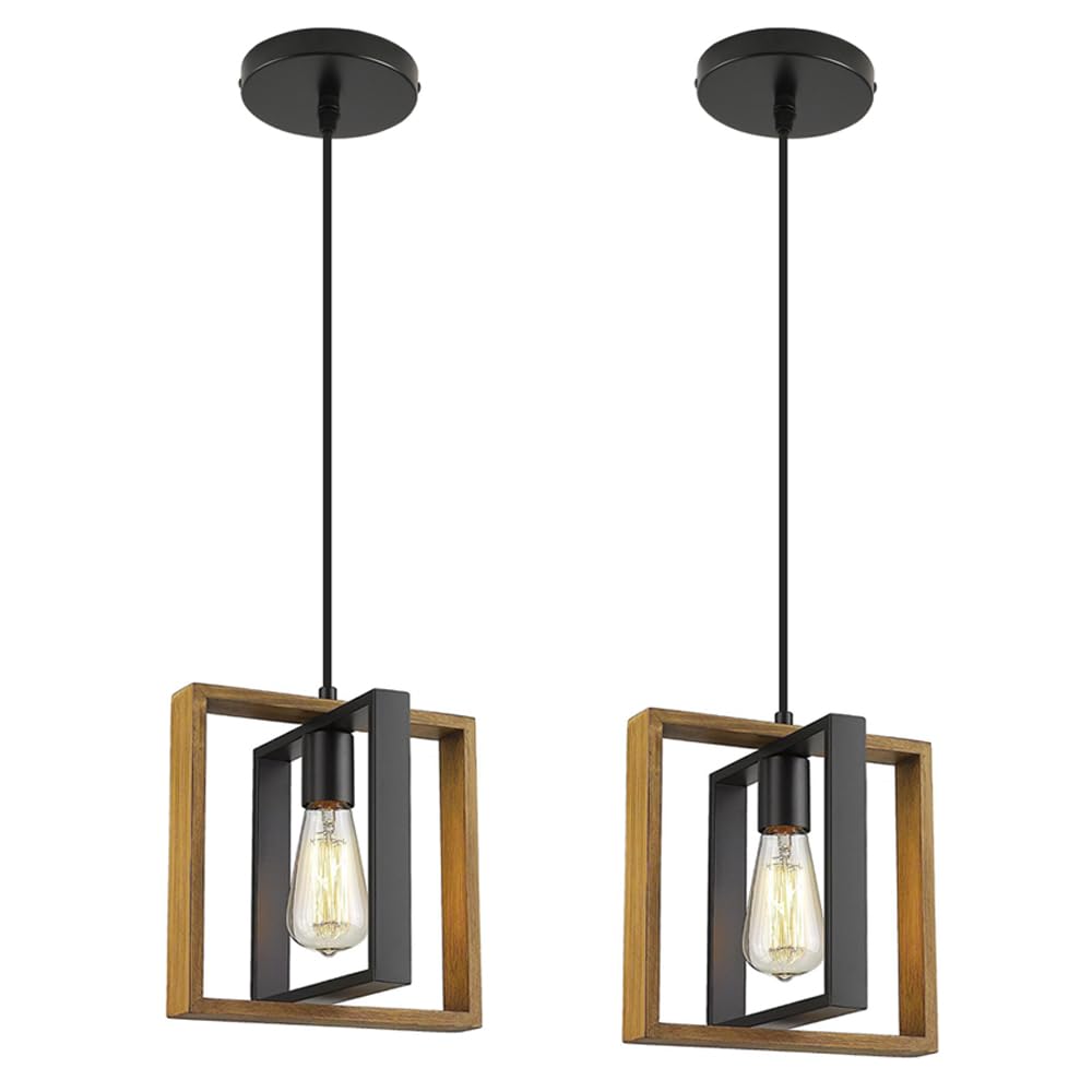 Cafulam Black Pendant Lighting Modern Pendant Light  Adjustable Pendant Light Fixture Pendant Lights Kitchen Islandlight (2 Packs Wood+Metal Pendant Light)