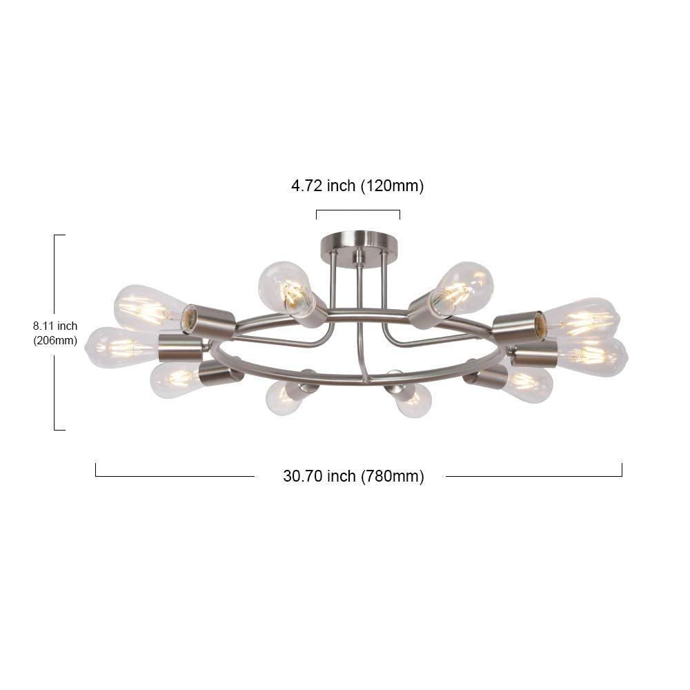 BONLICHT Round Rustic Chandelier 10-Light Brushed Nickel Modern Semi Flush Mount Ceiling Light Industrial Vintage Sputnik Chande