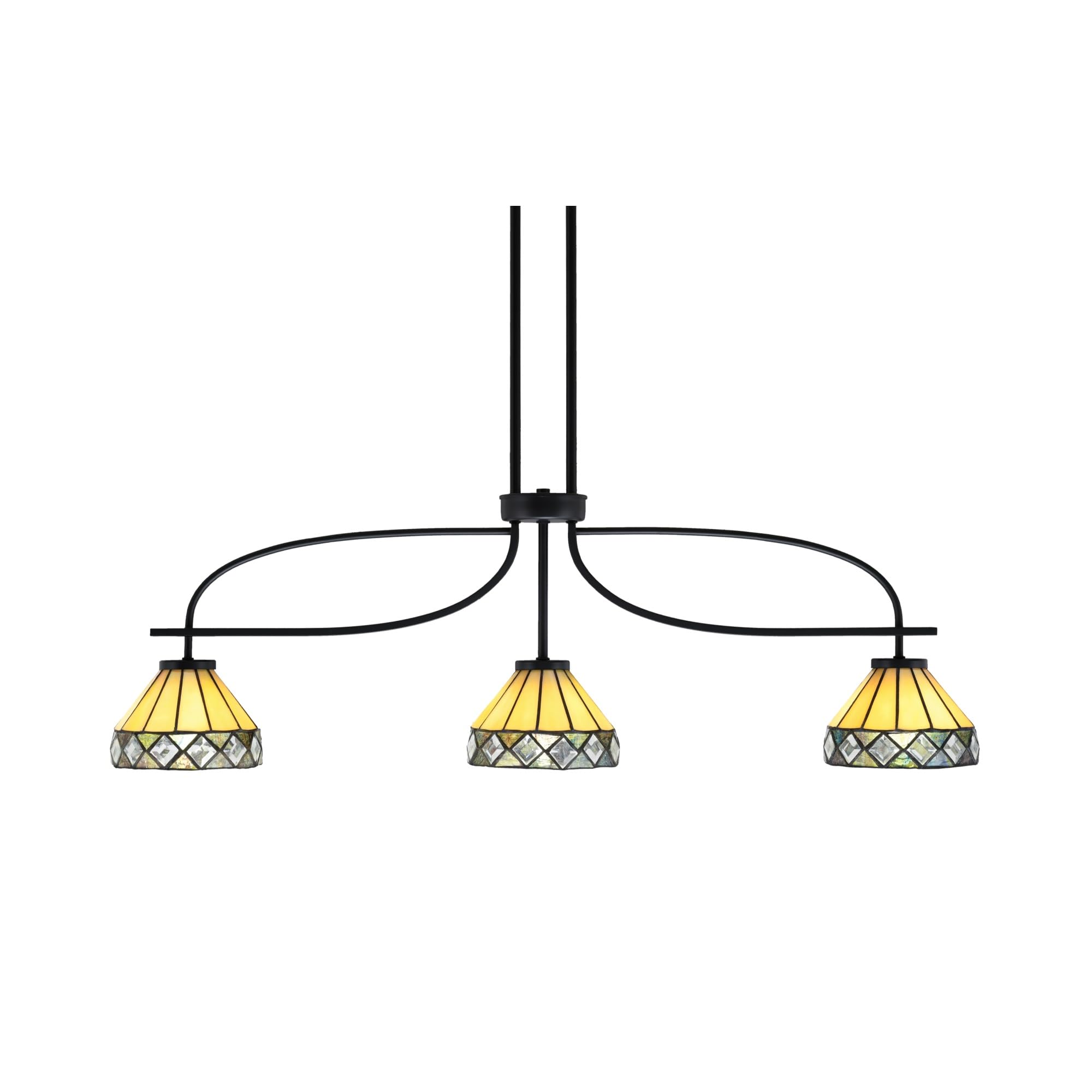 Cavella 3 Light Island Light Shown in Matte Black Finish with 7&quot; Diamond Peak Art Glass