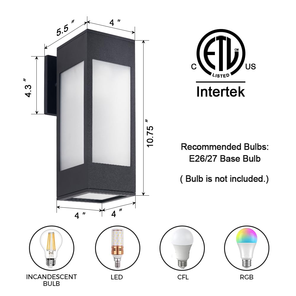 Cerdeco Outdoor Wall Light Sconce - 10.75" Black Aluminum with Frosted Glass, E26 Socket, Model TLB06