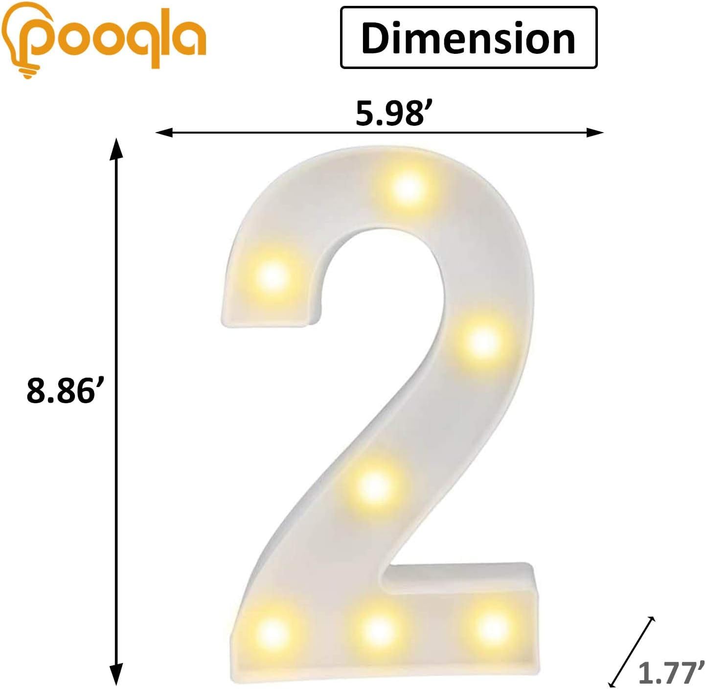 Pooqla LED Light Up Number 2, Warm White & Cool White Decorative Marquee, Plastic Night Light for Parties & Decor