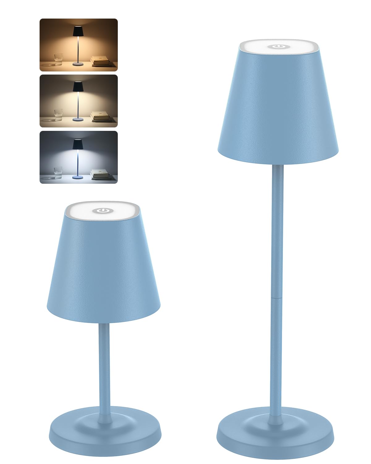 GOODEA LED Cordless Table Lamp, 3-Height Adjustable, 3-Color Dimming, 2 Packs, Rechargeable, Metal, Blue