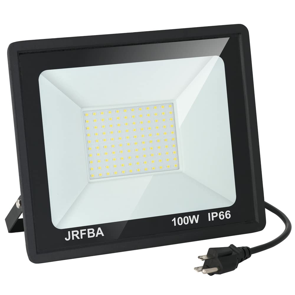 Jrbfa 100W Led Flood Lights Outdoor, 10000Lm Led Work Light With Plug, 6500K Daylight White, Ip66 Waterproof Exterior Security Lights Outside Floodlights For Backyard, Garage, Garden, Lawn