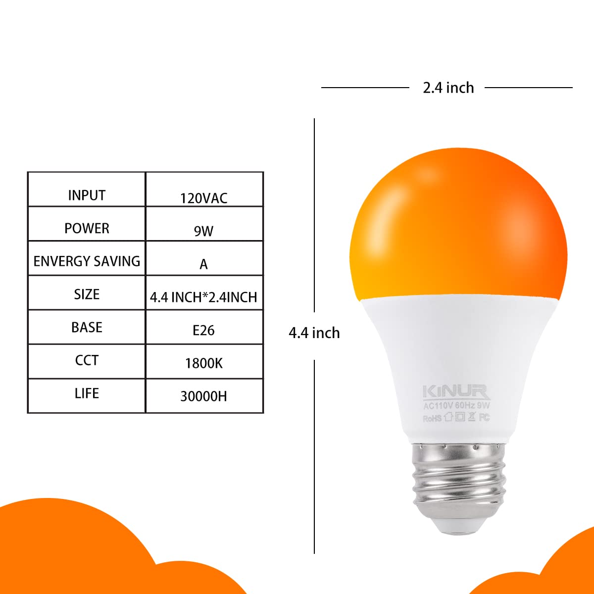KINUR A19 Amber LED Light Bulbs 9W (60W Equivalent), Soft Warm Light, E26 Base, 1800K, 2 Pack - Ideal for Bedrooms and Nurseries