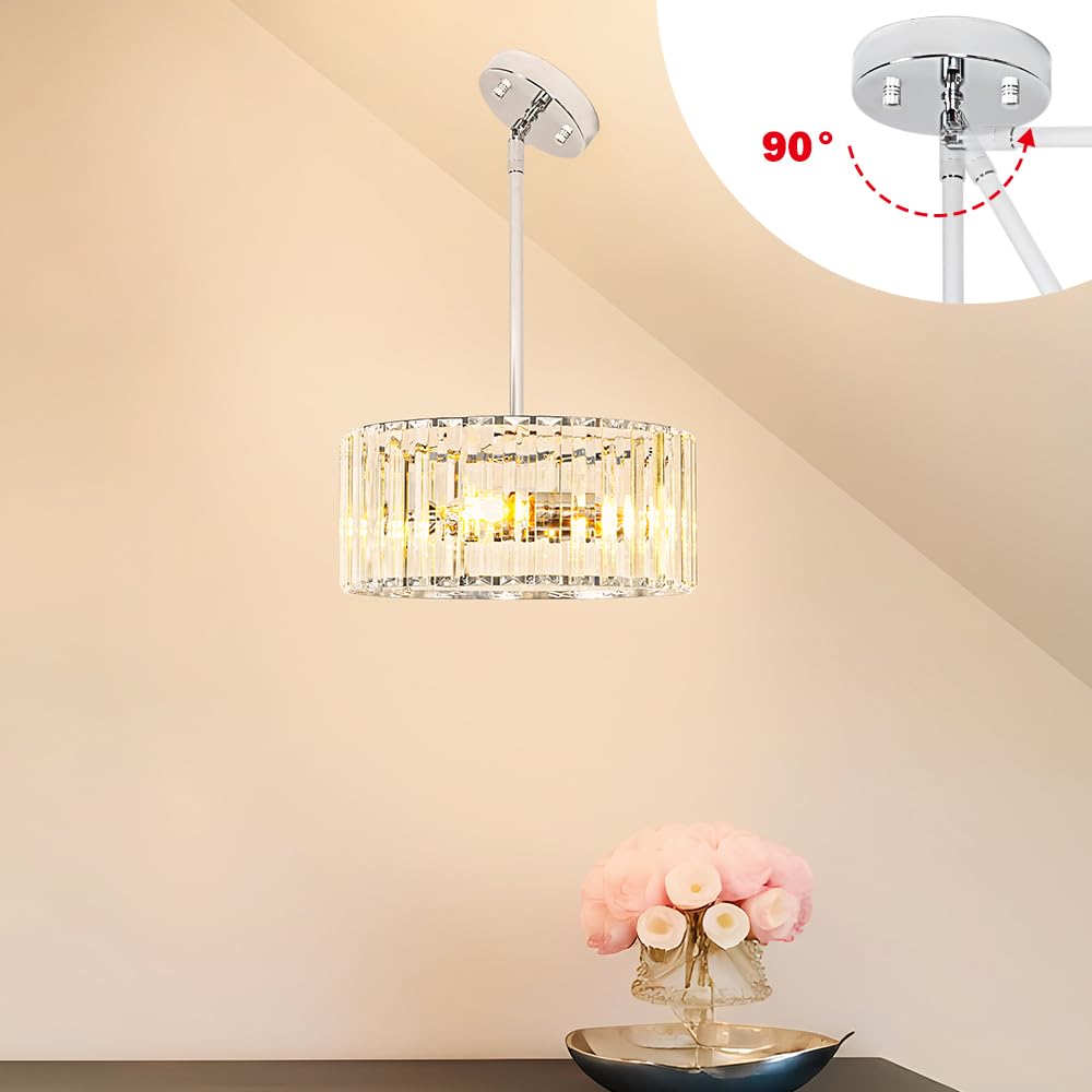 Modern Crystal Chandelier For Dining Room  Chrome Semi Flush Mount Ceiling Light Fixtures  Round Kitchen Hanging Drum Pendant Lights Ceiling  12?Crystal Pendant Lighting For Foyer Bedroom Living Room