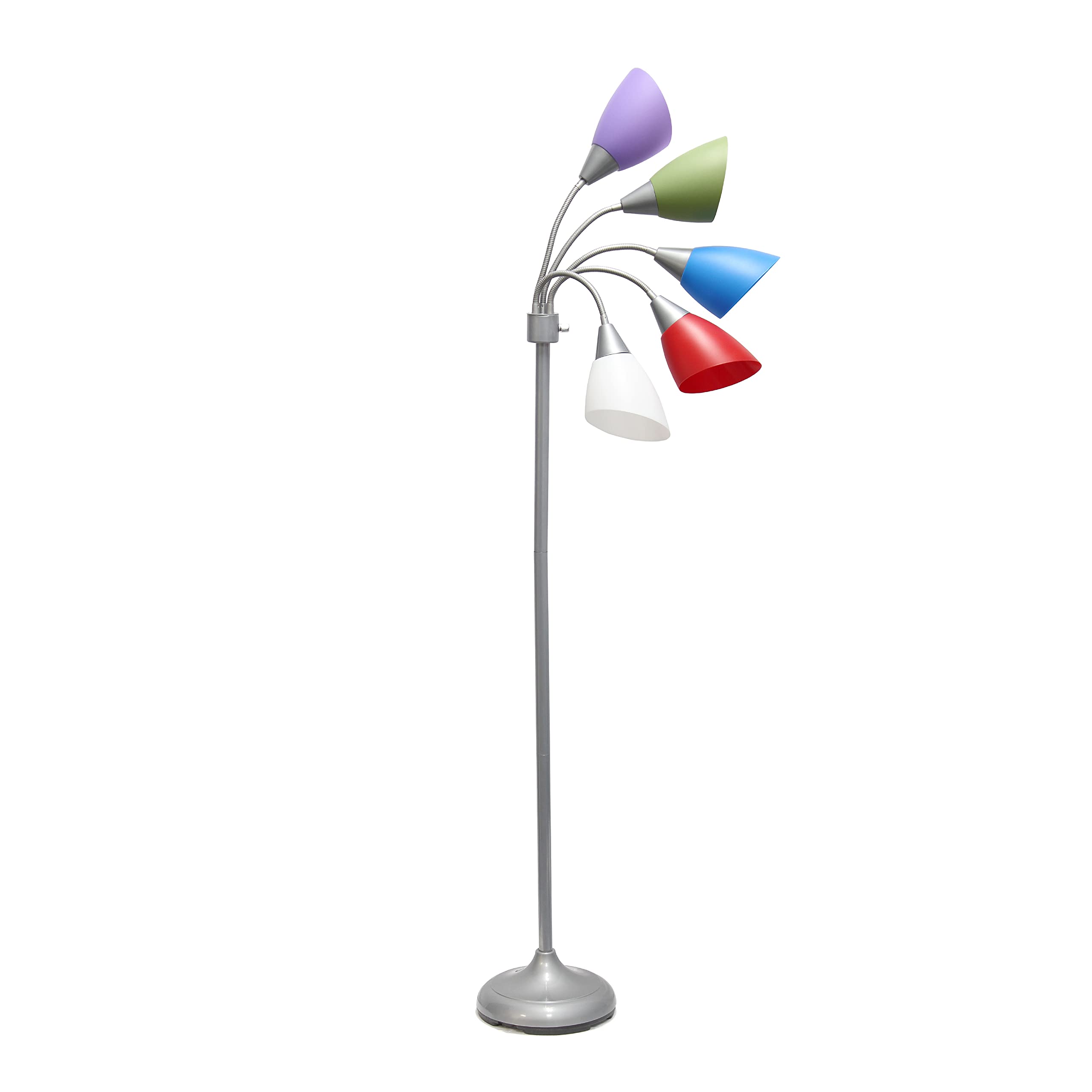 Simple Designs LF2006-SDM 67" Adjustable Gooseneck Silver Floor Lamp with Multicolored Shades for Kids Bedroom, Playroom, and Office
