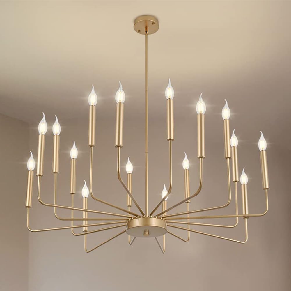 Woknos Modern Gold Farmhouse Chandeliers, 16-Light Industrial Metal Chandelier Lighting, Classic Candle Hanging Pendant Light Fi