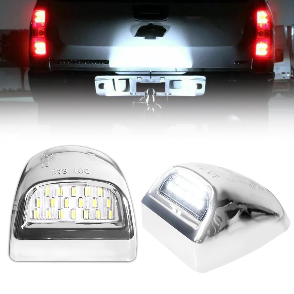 VANKUB LED License Plate Light, Chrome Housing, 6000K Xenon White, Compatible with Chevy Silverado, GMC Sierra, 2 PCS