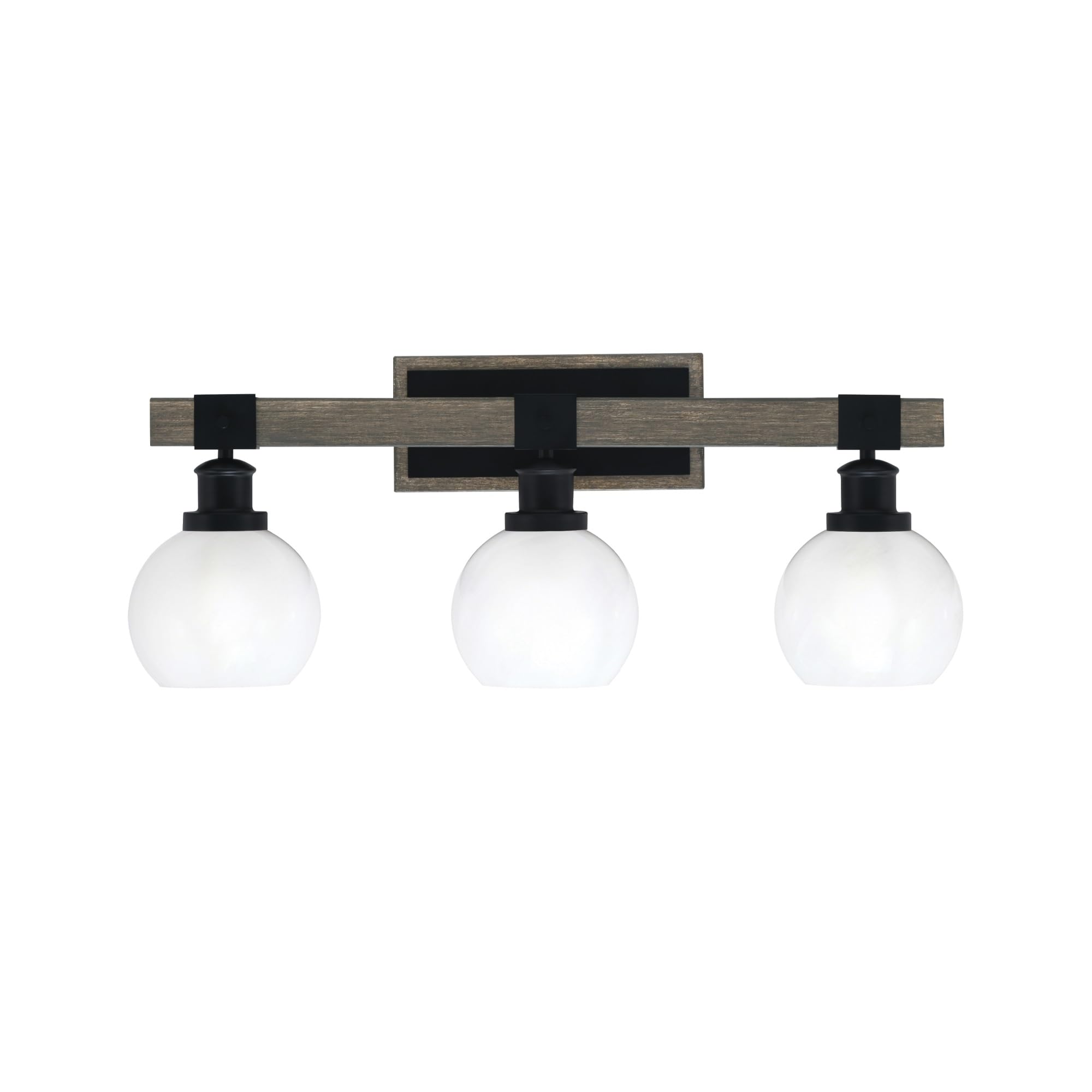 Toltec Lighting Tacoma 3 Light Bath Bar - Matte Black & Distressed Wood-Look Metal, 5.75in White Marble Glass