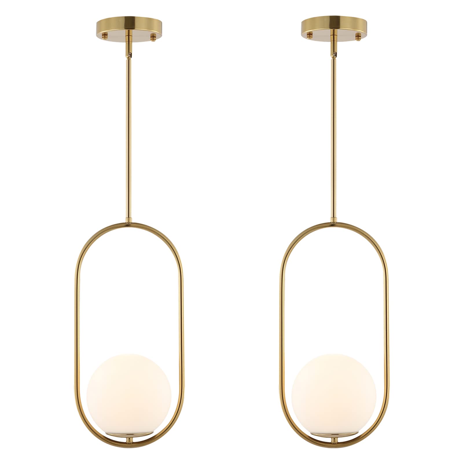 Byoliima Modern Gold Globe Pendant Light Mid Century Chandelier 1-Light Brushed Brass Ceiling Hanging Lighting Fixture With White Globe Glass Lampshade For Kitchen Island Dining Room Bedroom (2 Pack)