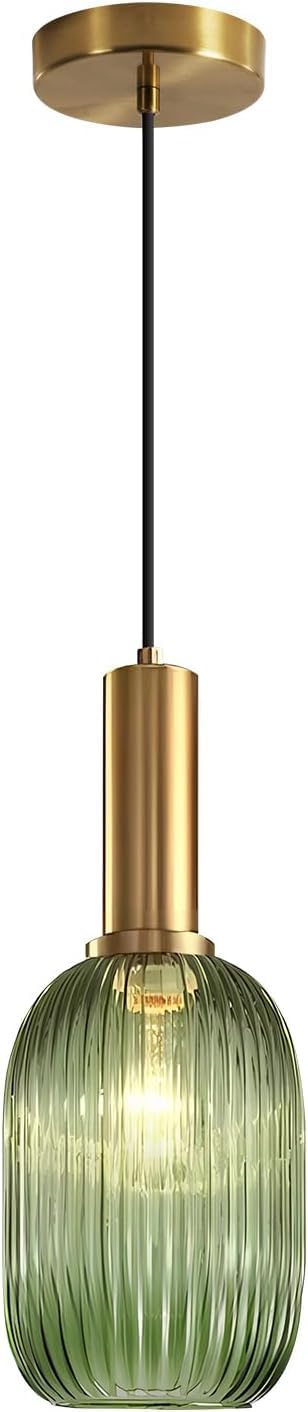 KCO Green Ribbed Glass Pendant Light, Antique Brass, 13cm, Model L1164-G, Mid Century Modern Hanging Fixture