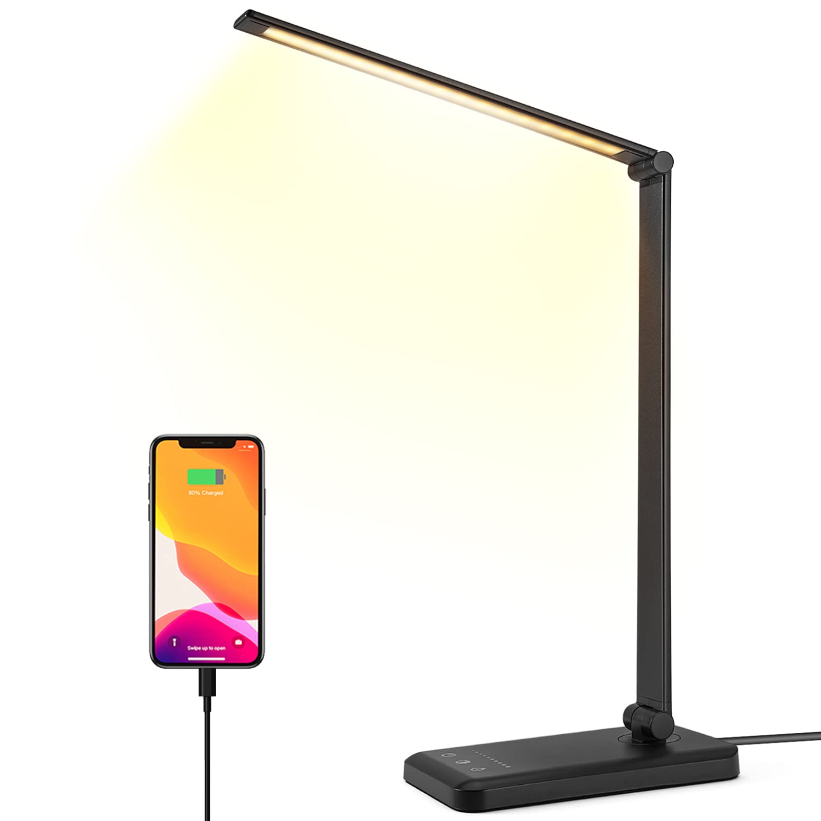 HMFUNTM LED Desk Lamp with USB Charging, 5 Color Modes, 10 Brightness Levels, Touch Control, Black