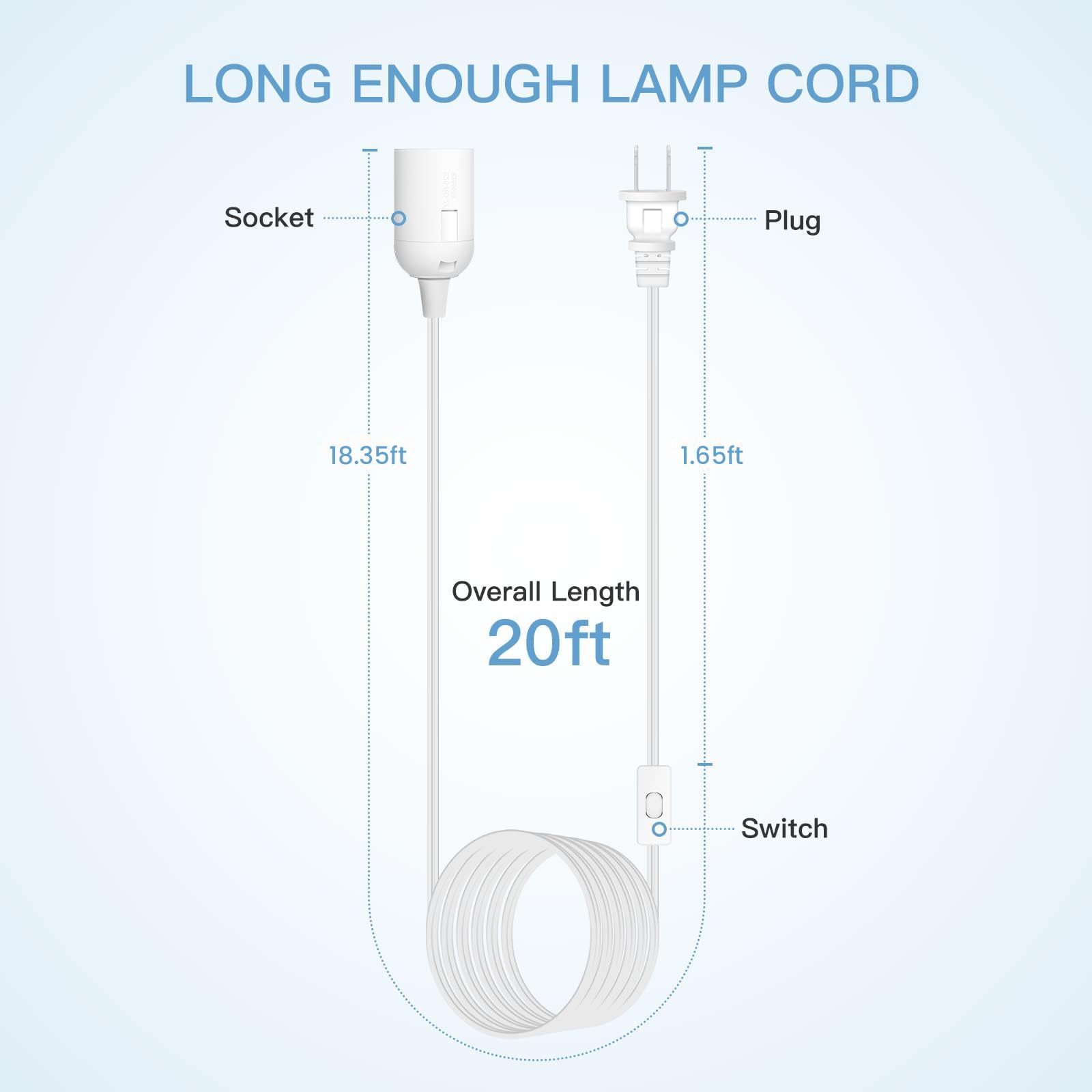 Simple Deluxe 20 Feet Extension Hanging Lantern Pendant Light Cord, E26 Socket, On/Off Switch, White, 2 Pack