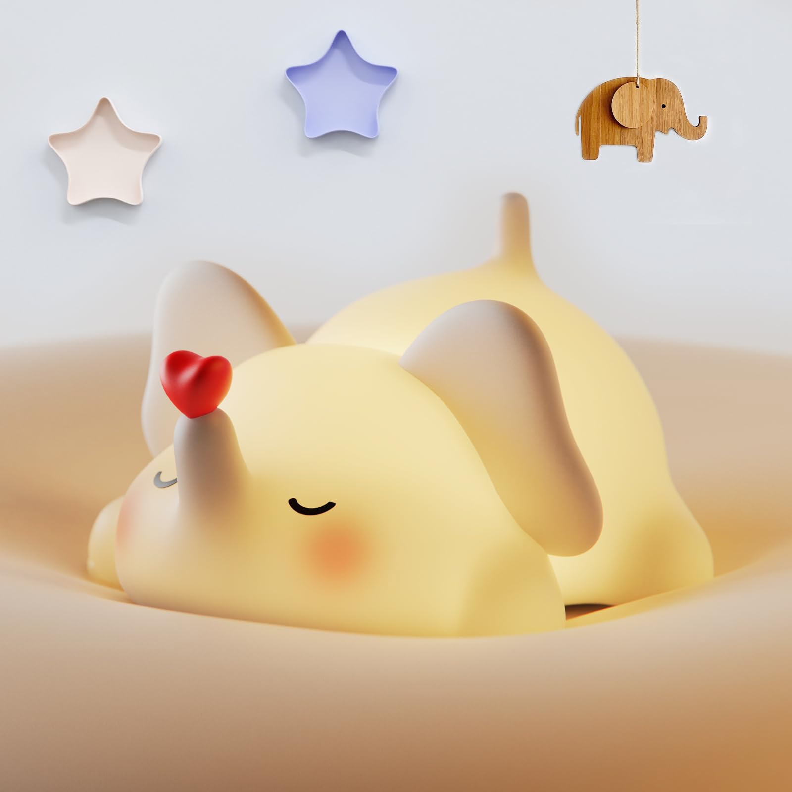 Little Loving Elephant Cute Night Light, 3-Level Dimmable Soft Light, Timed, Rechargeable, Silicone Bedside Touch Lamp, Creates 