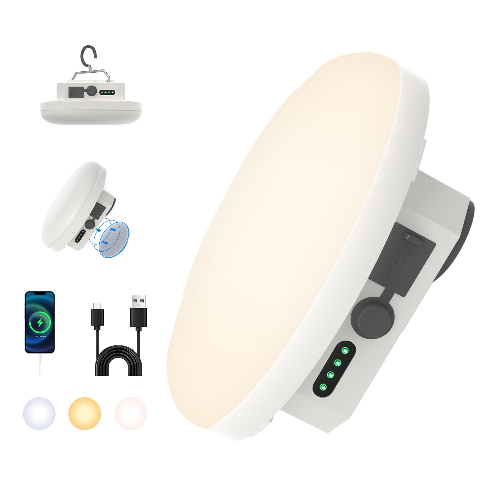 10000Mah Rechargeable Hanging Tent Light With Magnet  Portable 30W 4000Lm Led 3 Color Lighting Modes Camping Lantern  Ipx5 Waterproof Led Flashlight For Emergency & Gift
