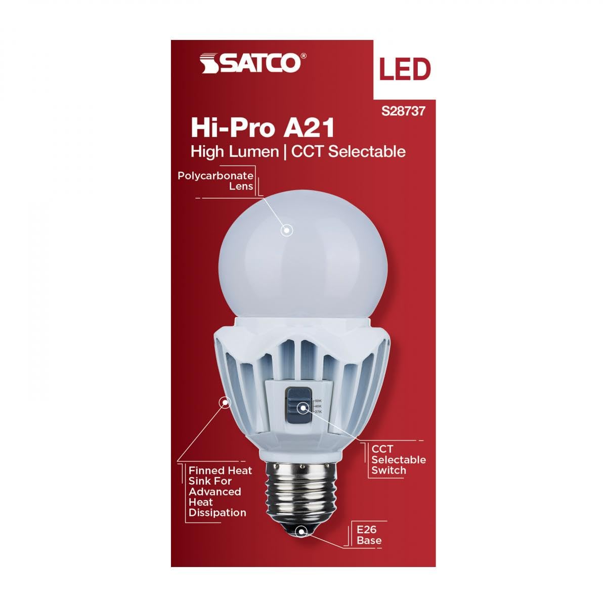 Satco 12 Pack S28737 20Wa21/Led/3Cct/120-277V 20 Watt Led A21; High Lumen Output; 27K/40K/50K Cct Selectable; Medium Base; White