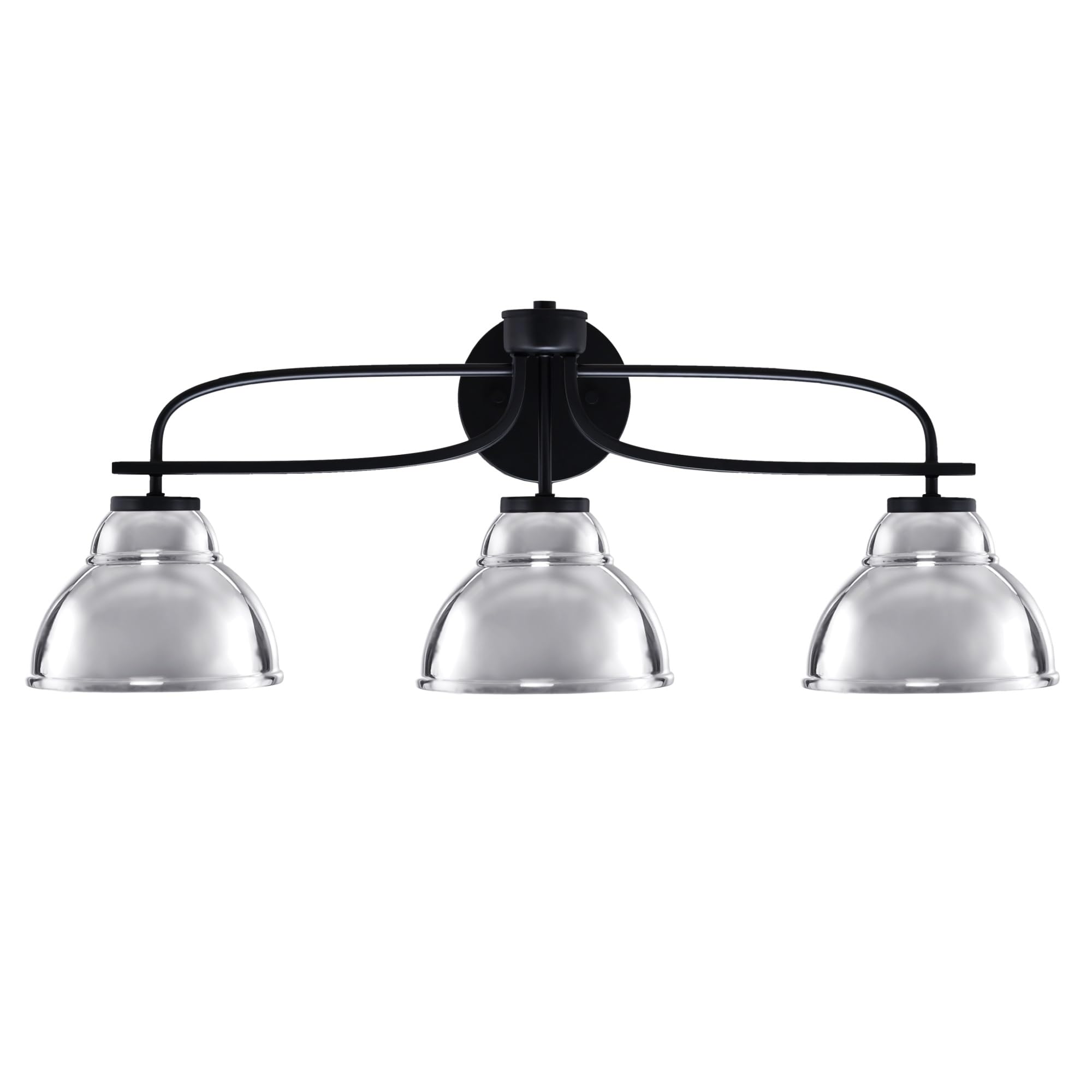 Cavella 3 Light Bath Bar Shown In Matte Black Finish With 7" Chrome Double Bubble Metal Shades