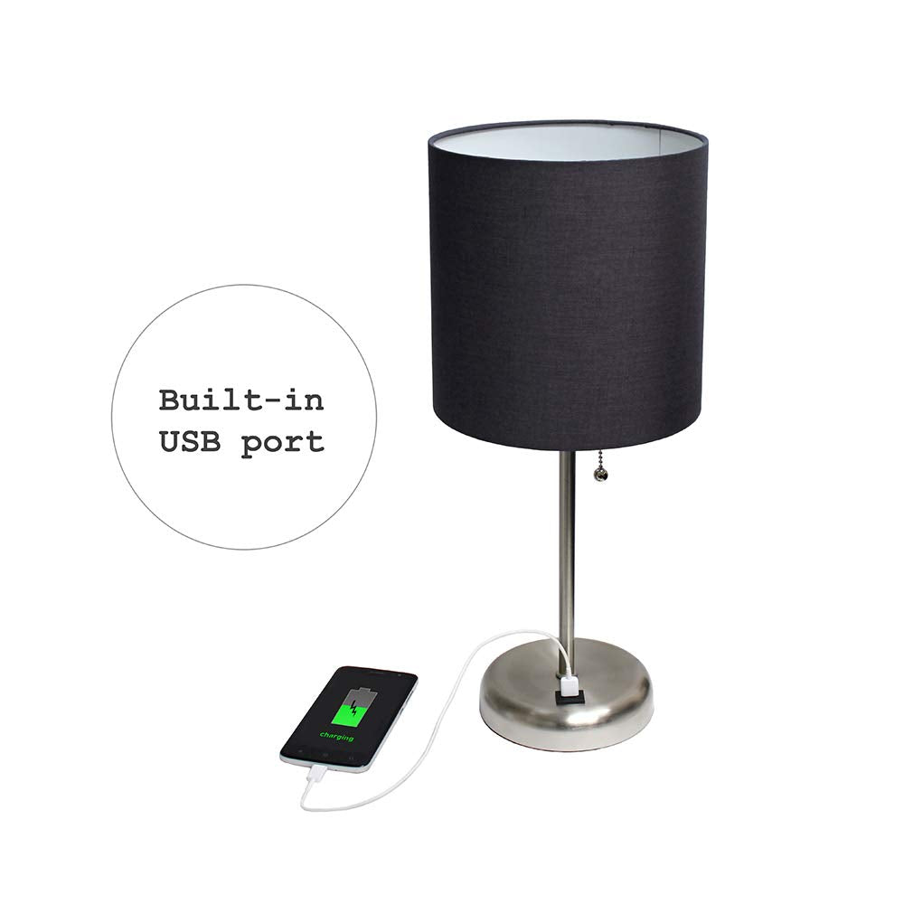 Simple Designs Lt2044-Blk Brushed Steel Stick Table Desk Lamp With Usb Charging Port And Drum Fabric Shade, Black Shade