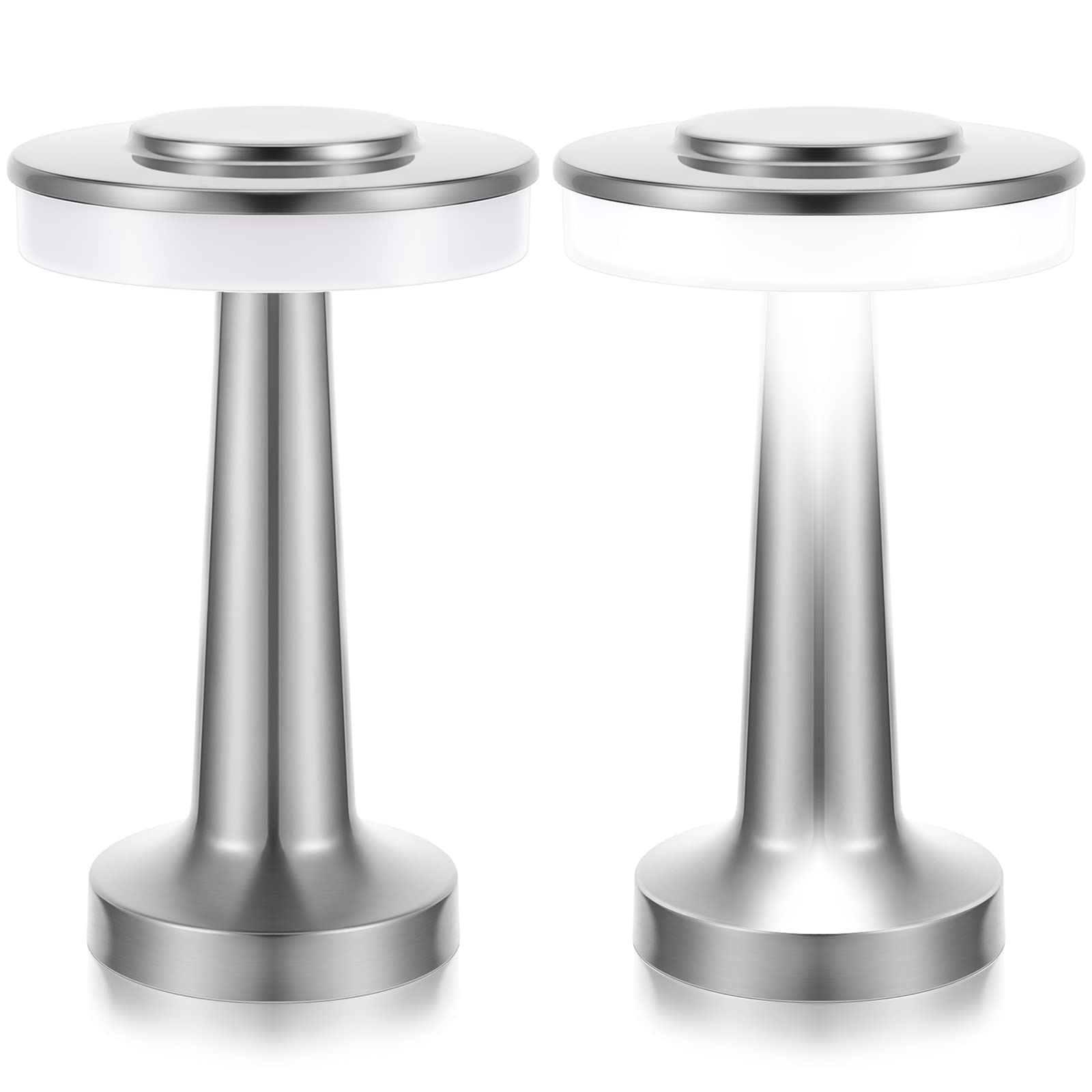 Riakrum LED Cordless Table Lamp Set of 2 with Touch Sensor, 3 Color Dimming, Rechargeable, Silver