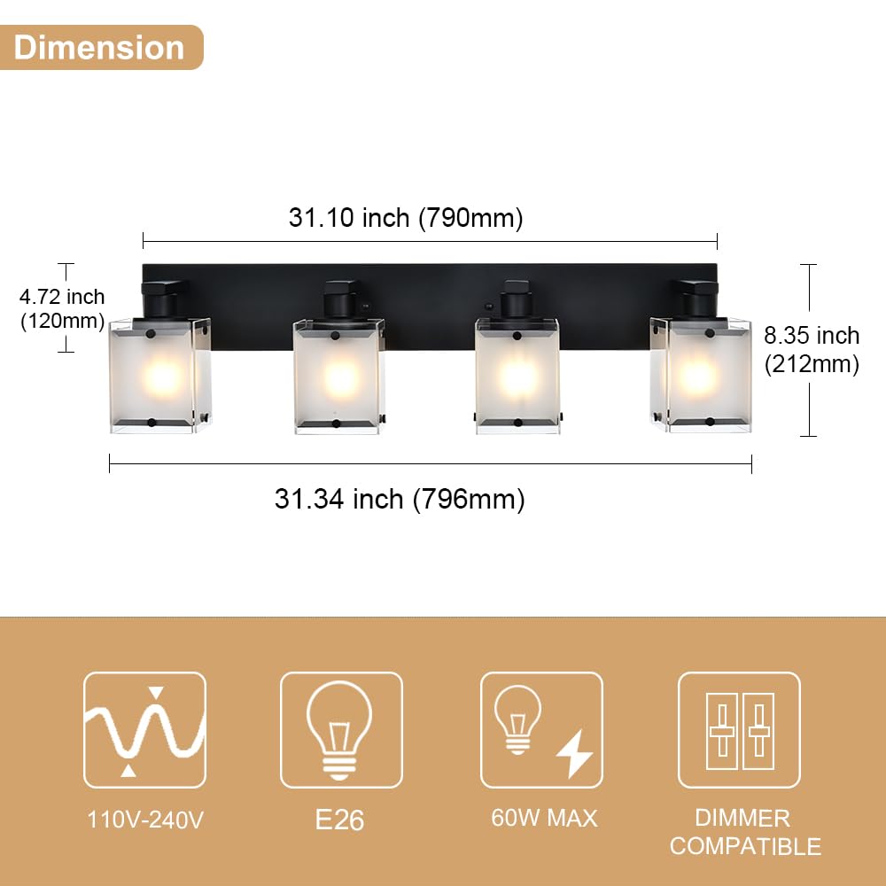 WINSHEN 4-Lights Bathroom Vanity Lighting, Black Metal Fixture with Frosted Glass Shade, Model 4WBL-XOTFZO