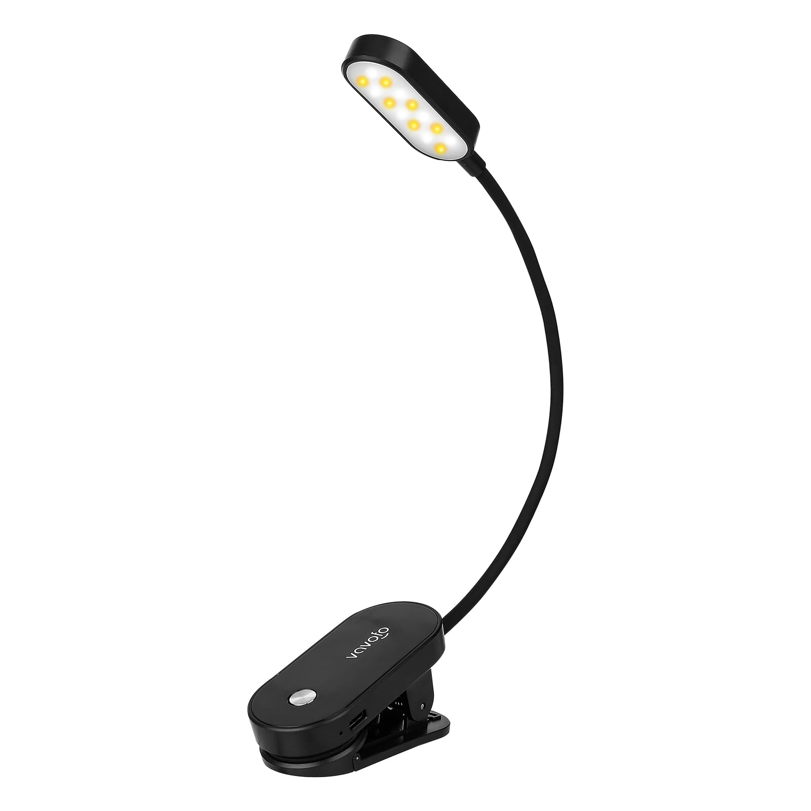 VAVOFO Rechargeable Book Light, 14 LEDs, Amber Color, 9 Brightness Levels, Clip-On Design, Model KM-6775, Black