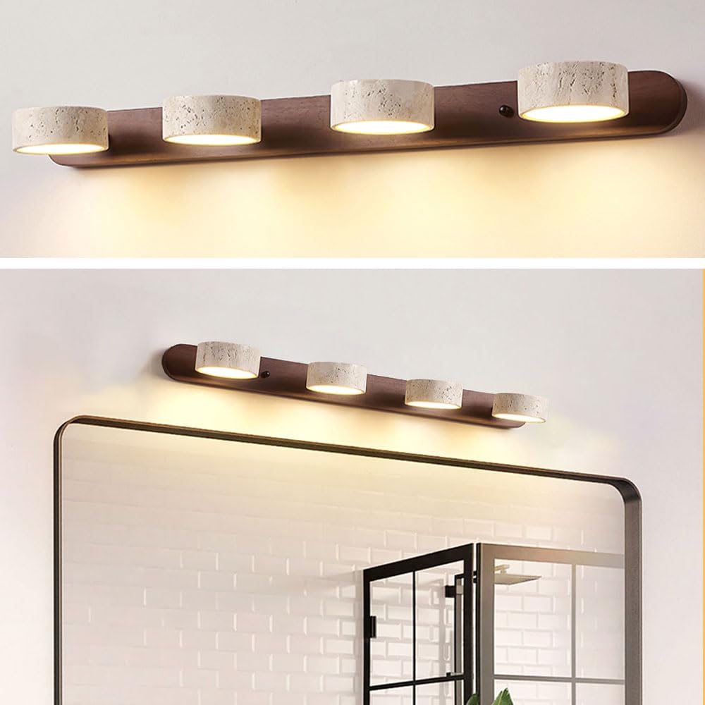 WOSBO Yellow Travertine Vanity Light  27.6 Wabi Sabi Modern Wooden Bathroom Light 360 Rotatable Natural Stone Lampshade Wall Lighting Fixture Over Mirror for Bathroom Farmhouse Home Decor (4 Lights)