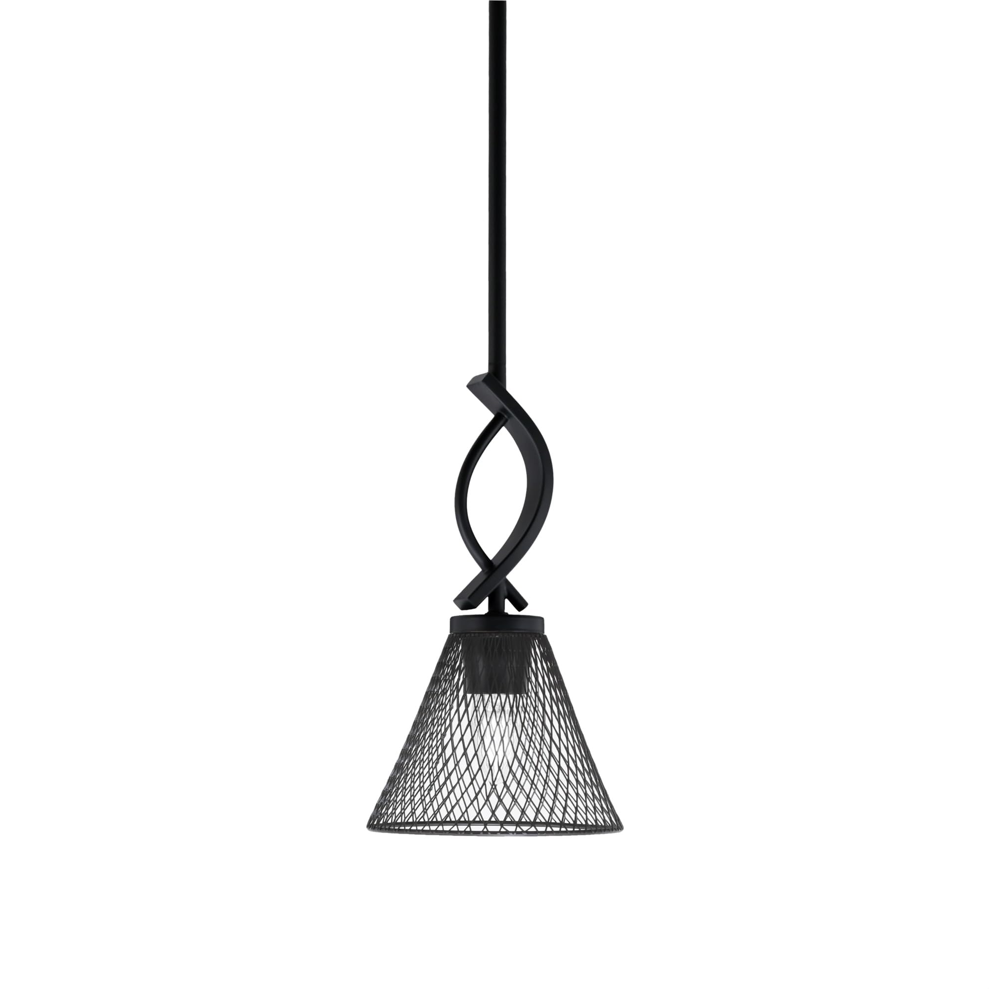 Cavella 1 Light Stem Mini Pendant Shown in Matte Black Finish with 7&quot; Matte Black Cone Mesh Metal Shade