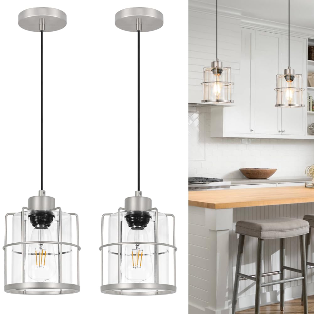 Brushed Nickel Pendant Lights Kitchen Island, Clear Glass Shade Hanging Lamp, Modern Farmhouse Pendant Light Fixtures with Adjus