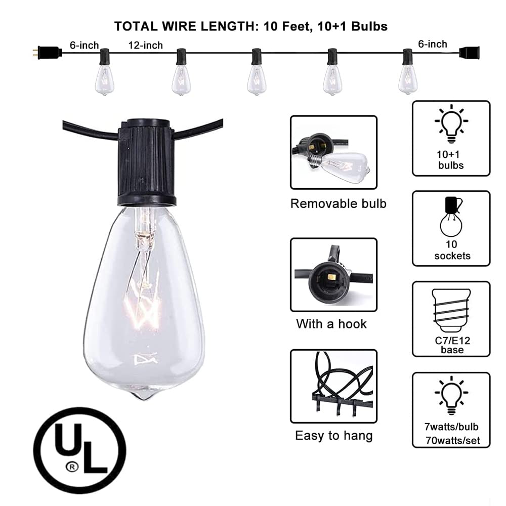 Couah Outdoor Patio String Lights, 10FT Edison Bulbs, Black, Includes 1 Extra Bulb, Ideal for Garden, Porch, Party, Deck, Yard