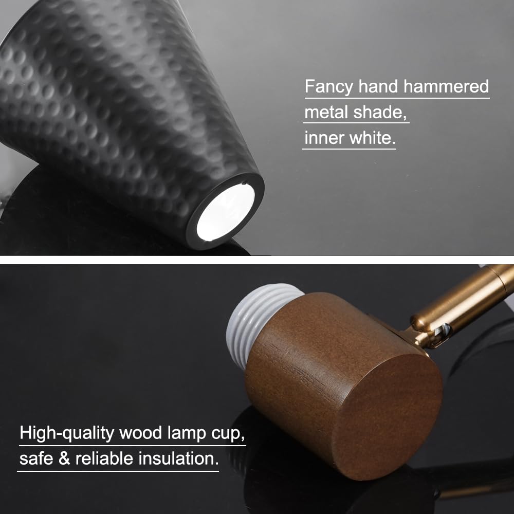 Dsmjfu Black Wall Sconces Set Of Two, Industrial Rotateable Wall Light Set Of 2, Bedside Sconces Wall Lamp With Hammered Metal Shade, Vintage Wood Sconce Wall Lighting For Bedroom Living Room Hallway