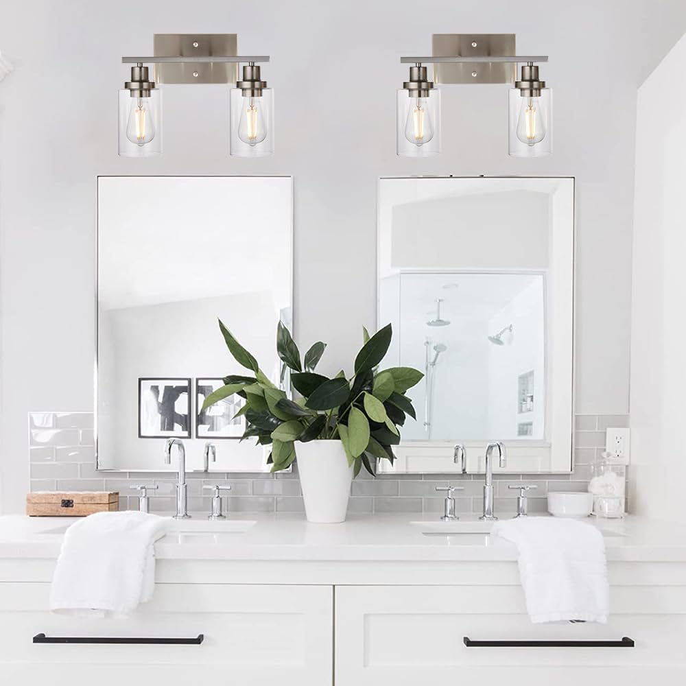 MELUCEE 2-Light Metal Wall Lights, Clear Glass Shade, Brushed Nickel, Modern Vanity Sconces for Bathroom, Hallway, Kitchen (Model: 450-2W-SN