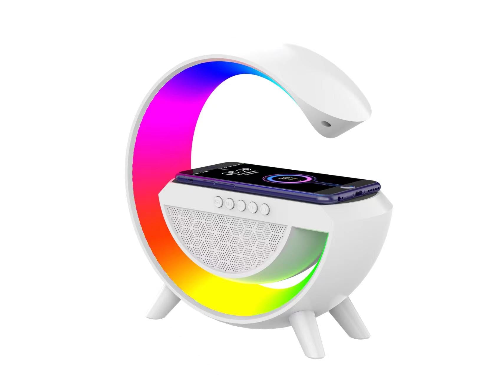 Pxujoqecg Table Lamp with Bluetooth Speaker, G Bedside Light with 15W Wireless Charger, Atmosphere Lighting with Alarm Clock, RG