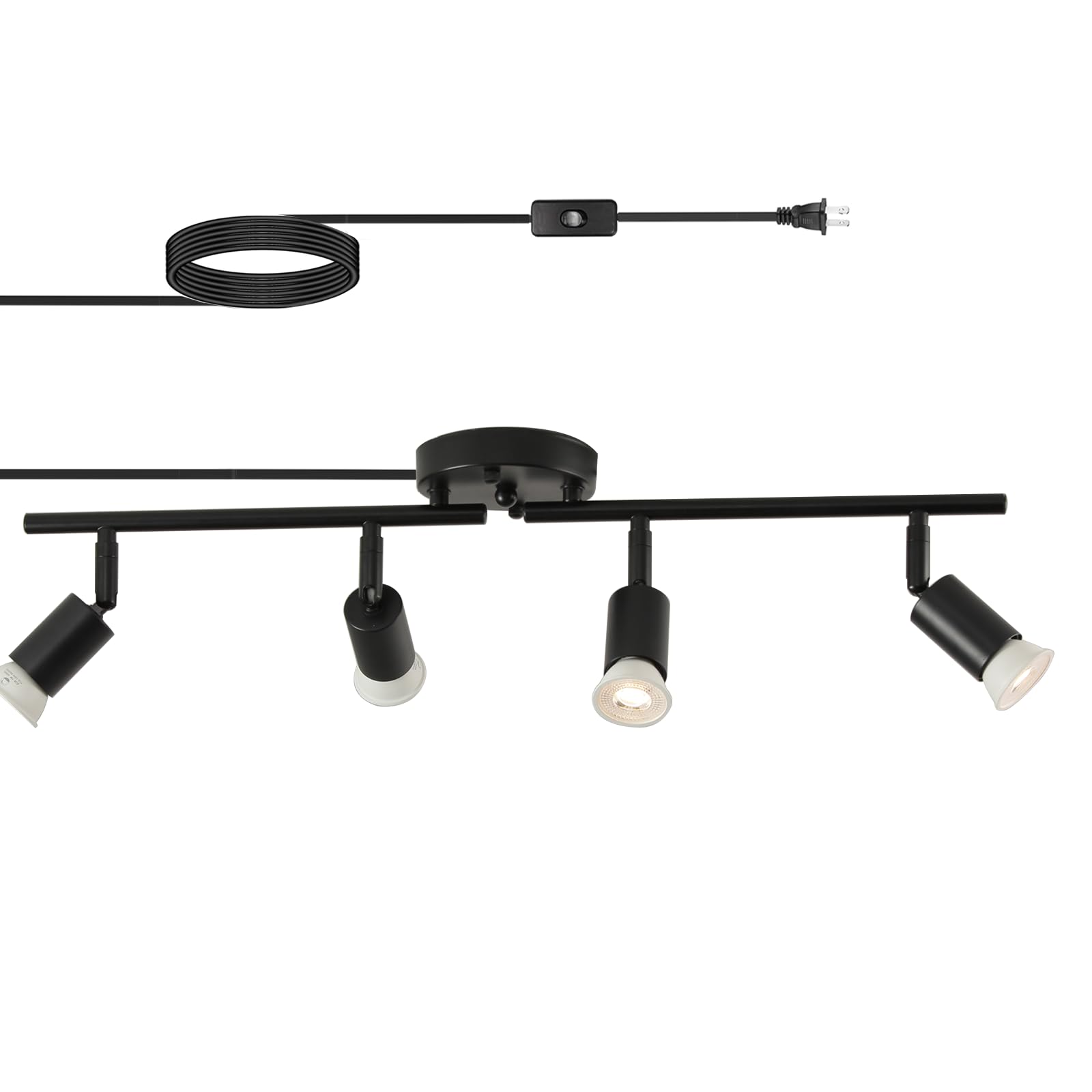 Vivihobb Plug In Track Light Black 4 Light Plug In Ceiling Lighting Fixture With 16.4 Long Cord 4 Way Ceiling Spotlight Rotatable Wall Mount Light Head Bulbs Not Included
