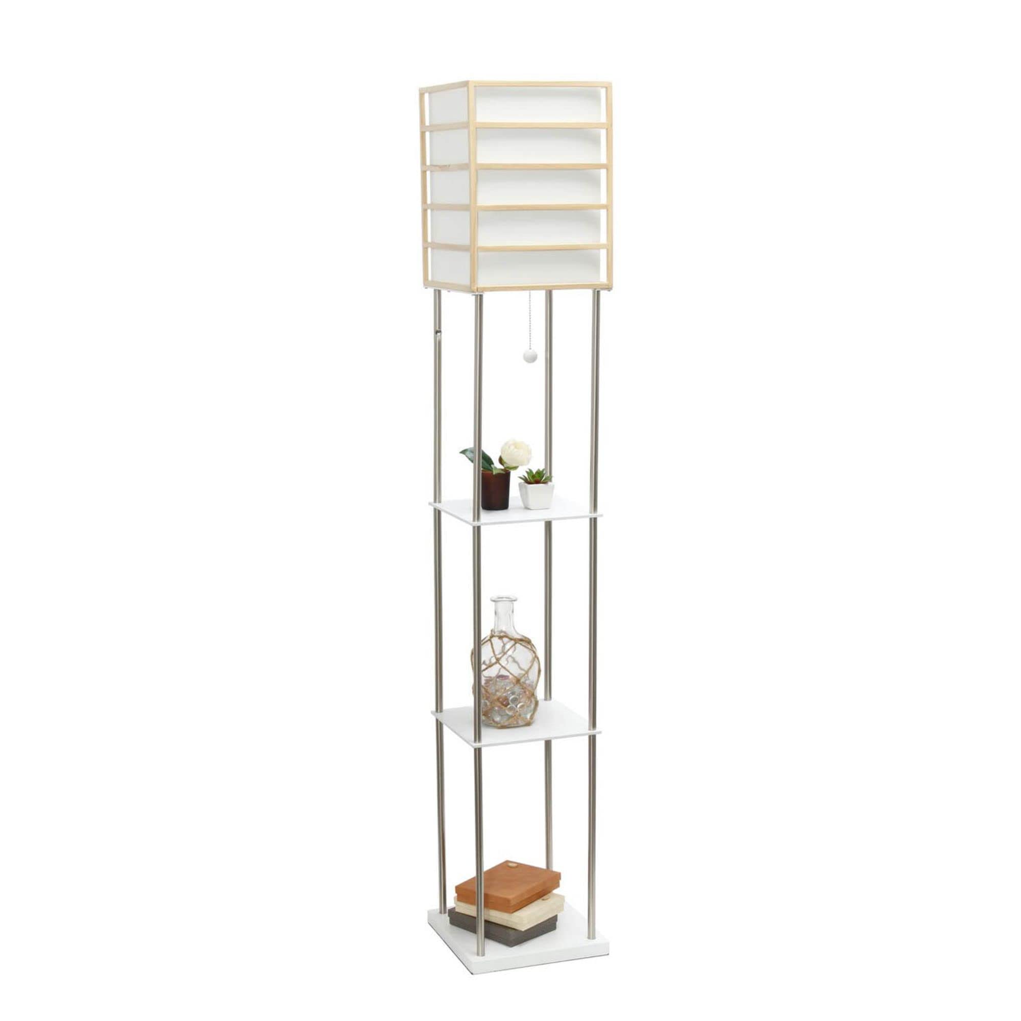 LALIA HOME 1 Light Metal Etagere Floor Lamp, Linen Shade, Light Wood, Model LHF-5055-LW