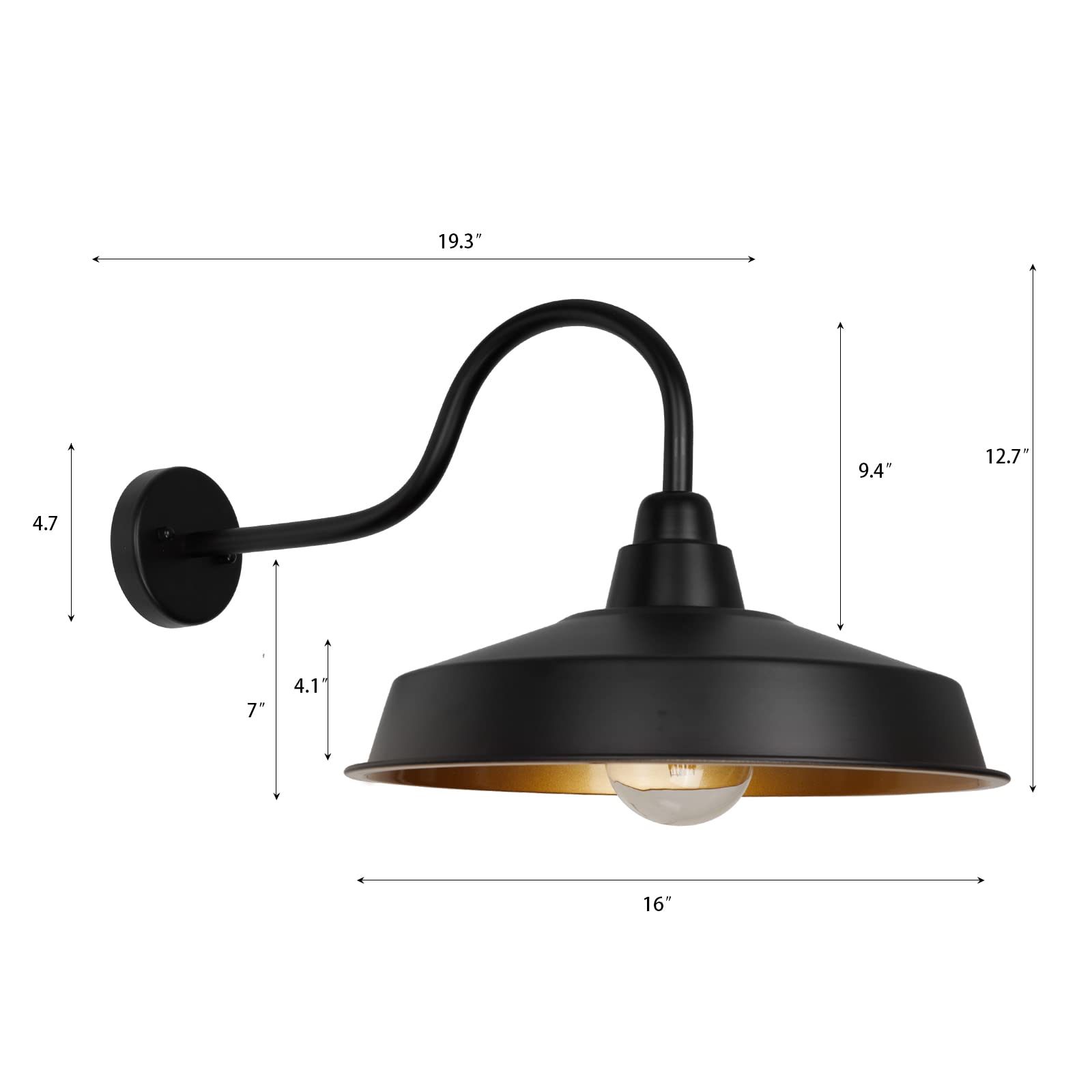 Diyel Gooseneck Barn Light Outdoor, 16 Inch Dome Large Farmhouse Exterior Light Fixture Wall Mount, Industrial Outdoor Wall Sconce Outside For House, Shop, Front Porch, Garage, Entryway, Gold, 2 Pack