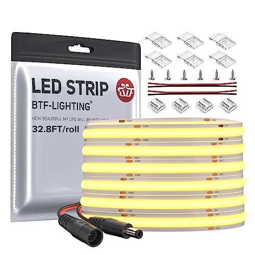 BTF-LIGHTING COB LED Strip 8W/m 32.8FT DC24V Warm White 3000K Model F0B5M12V378LWWW30