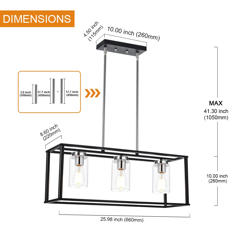 VINLUZ 3 Light Adjustable Pendant Lighting, Black and Chrome, Metal with Clear Glass Shades, Model dc783440