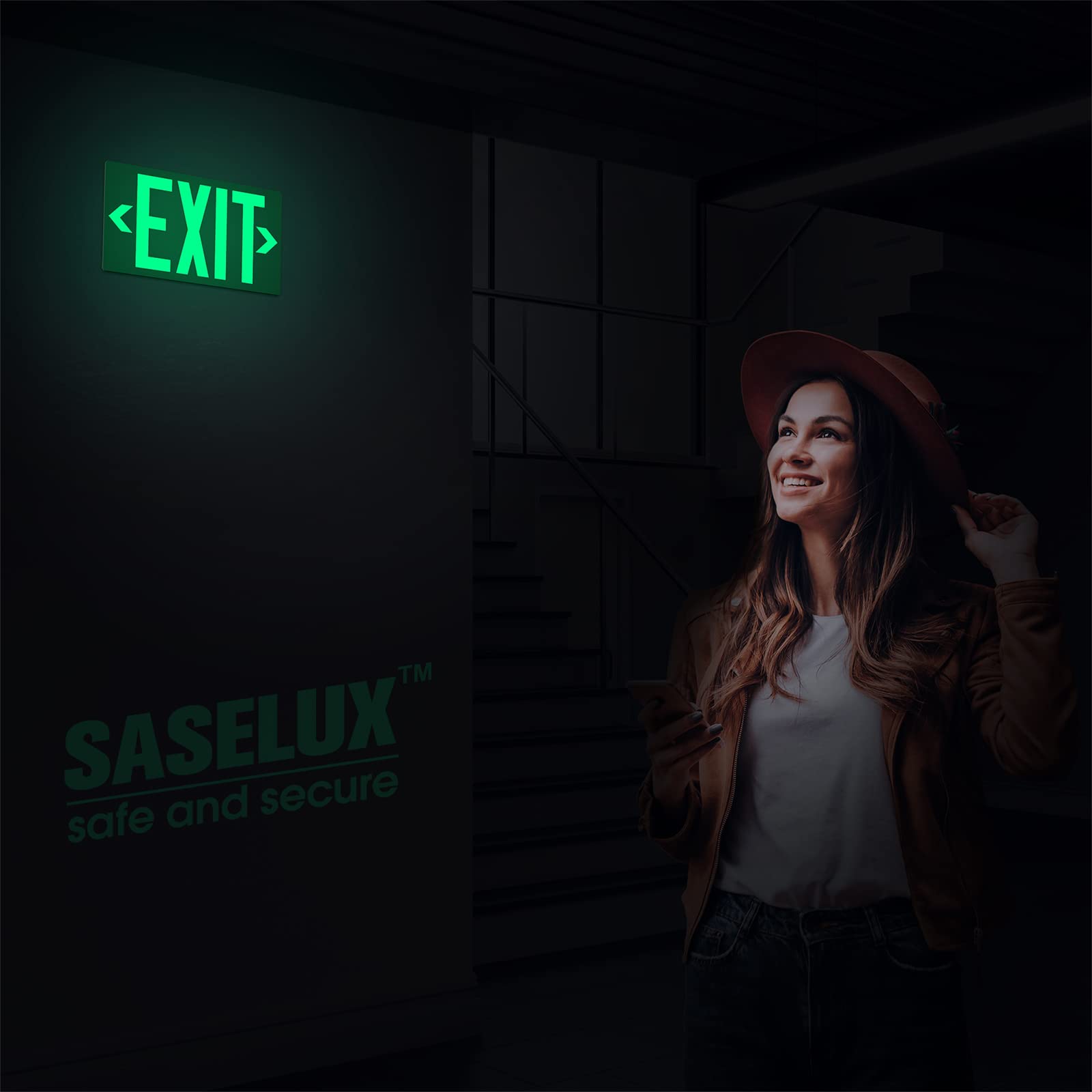 Photoluminescent Exit Sign Aluminum - Adhesive Backing Glow In The Dark - Removable Arrows Included - 12X7 Inches - Non Electrical Green Exit Light For 50 Feet Visibility (2 Pack)
