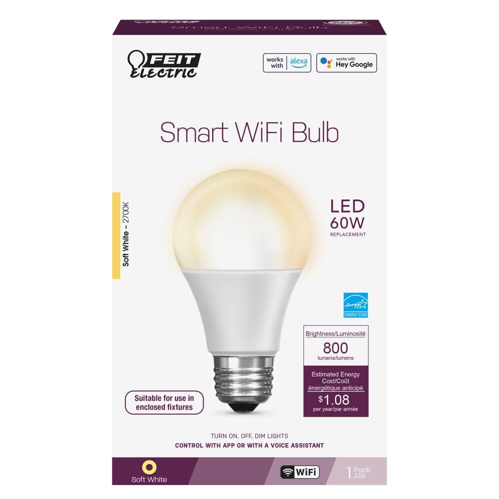 Feit Electric Om60/927Ca/Ag 60W Equivalent Wifi Dimmable, No Hub Required, Alexa Google Assistant A19 Smart Led Light Bulb, 4.4&quot; H X 2.3&quot; D, 2700K Soft White