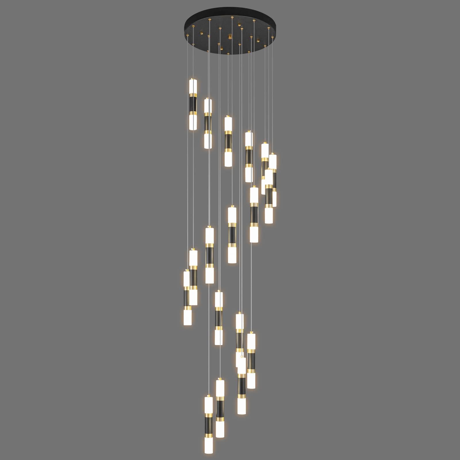 LIANGMH 18-Light Modern Kitchen Island Black Gold Ceiling Pendant Light Dimmable LED 108W Staircase Large Chandelier Lobby Livin