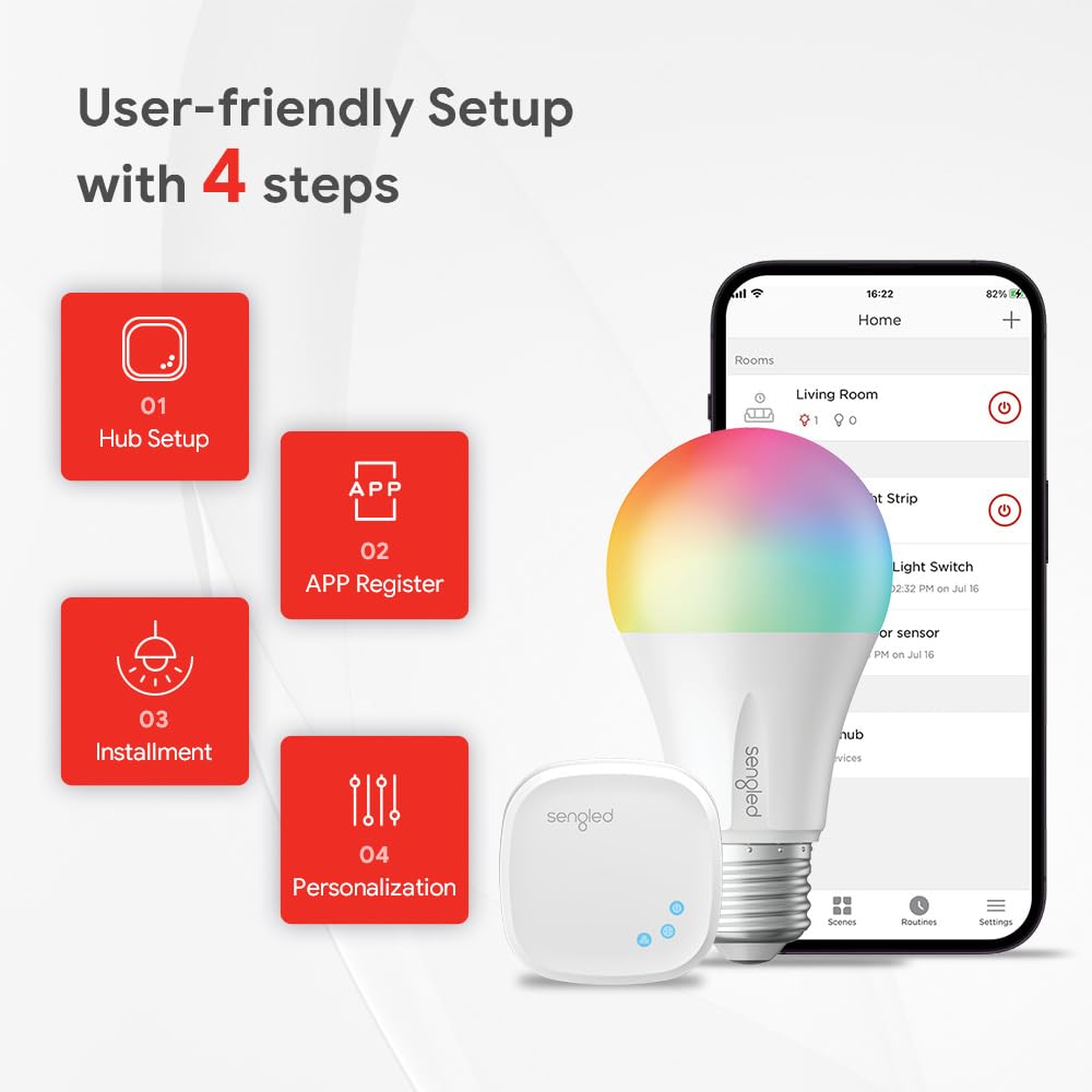 Sengled Smart Light Bulb, Zigbee Compatible, 60W Equivalent, 4 Count, Full Color, Model E11-N1EAW6P_VC