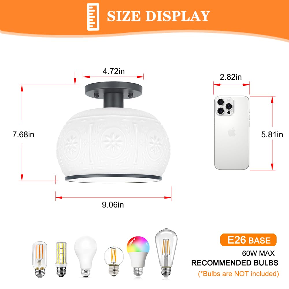 Oiyio Matte Black Semi Flush Mount Ceiling Light With Milk Glass Shade  Hallway Lighting Fixtures  Vintage Ceiling Light For Kitchen  Bedroom  Closet  Entryway  Porch