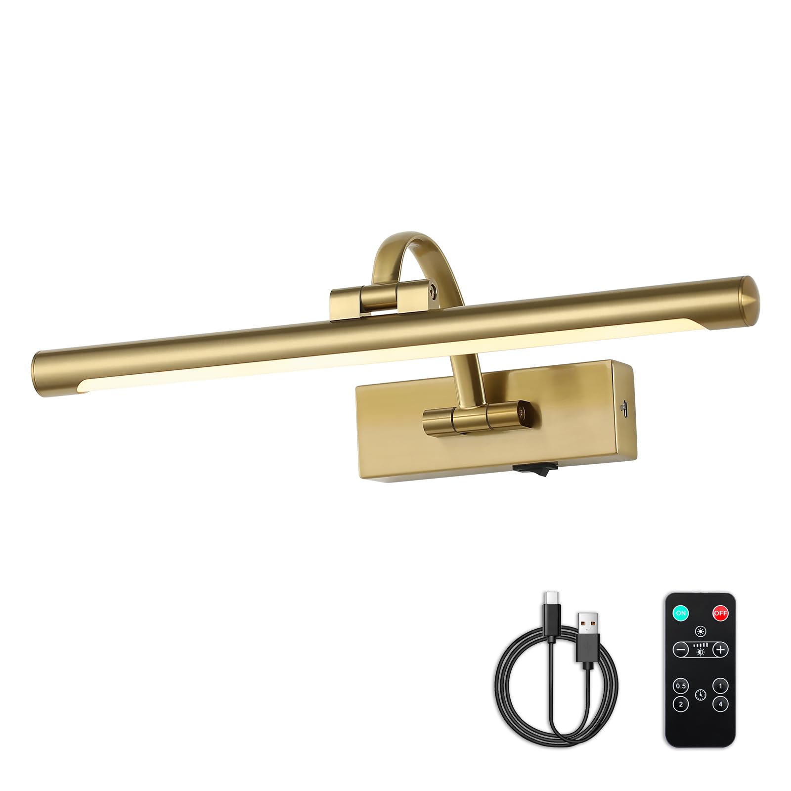 DESOOP Battery Operated Picture Light with Remote and Timer, Wireless Art Lights for Paintings Brass Rechargeable Gallery Light 