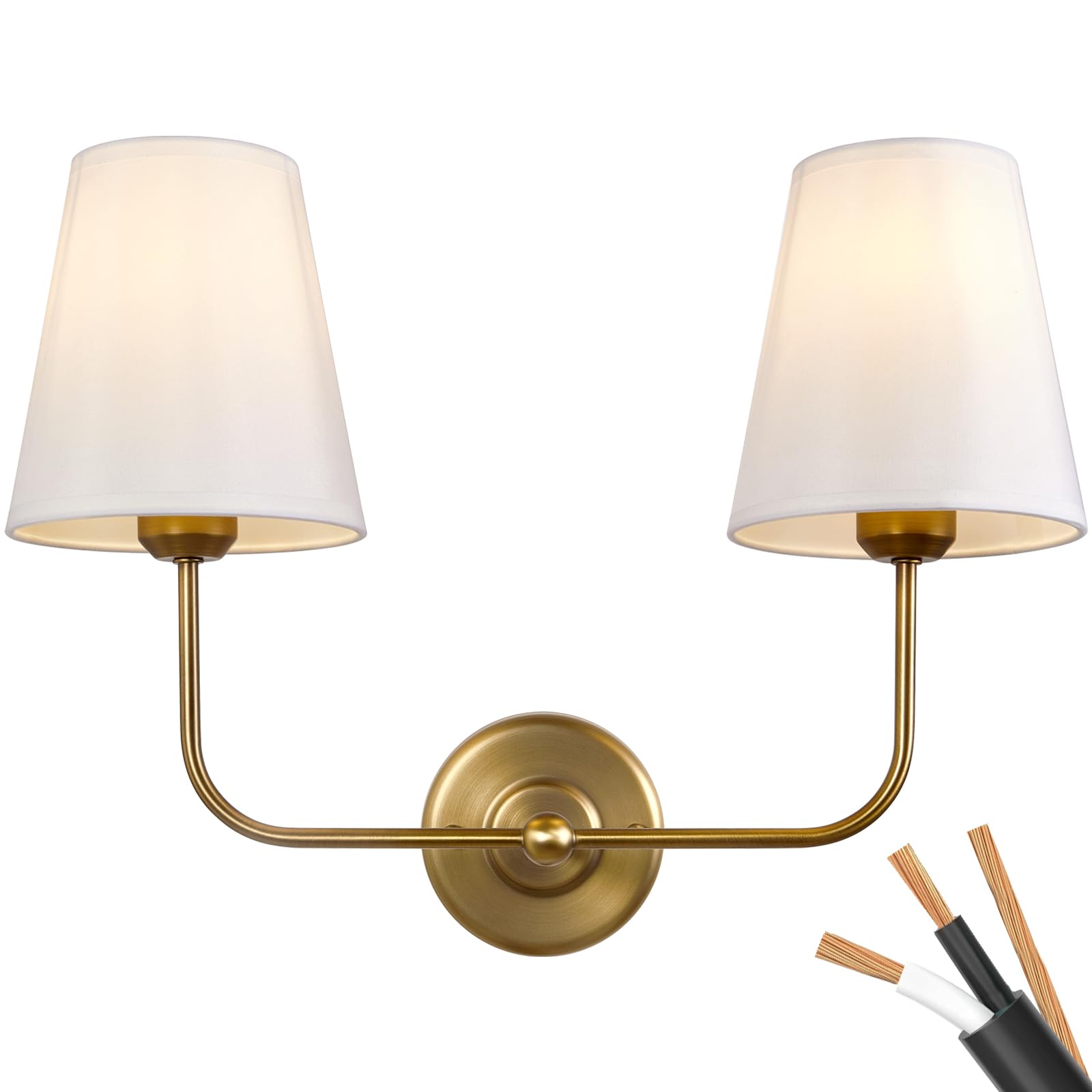 Passica Decor Hardwired 2 Light Modern Armed Wall Sconce With 2Pcs Antique Brass Flared White Fabric Shade Double Gold Sconce Fo