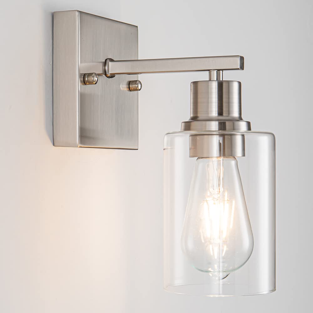 Emong Brushed Nickel Bathroom Light Fixtures, 1-Light Vanity Lights With Clear Glass Shade, Wall Sconces For Hallway, Farmhouse,