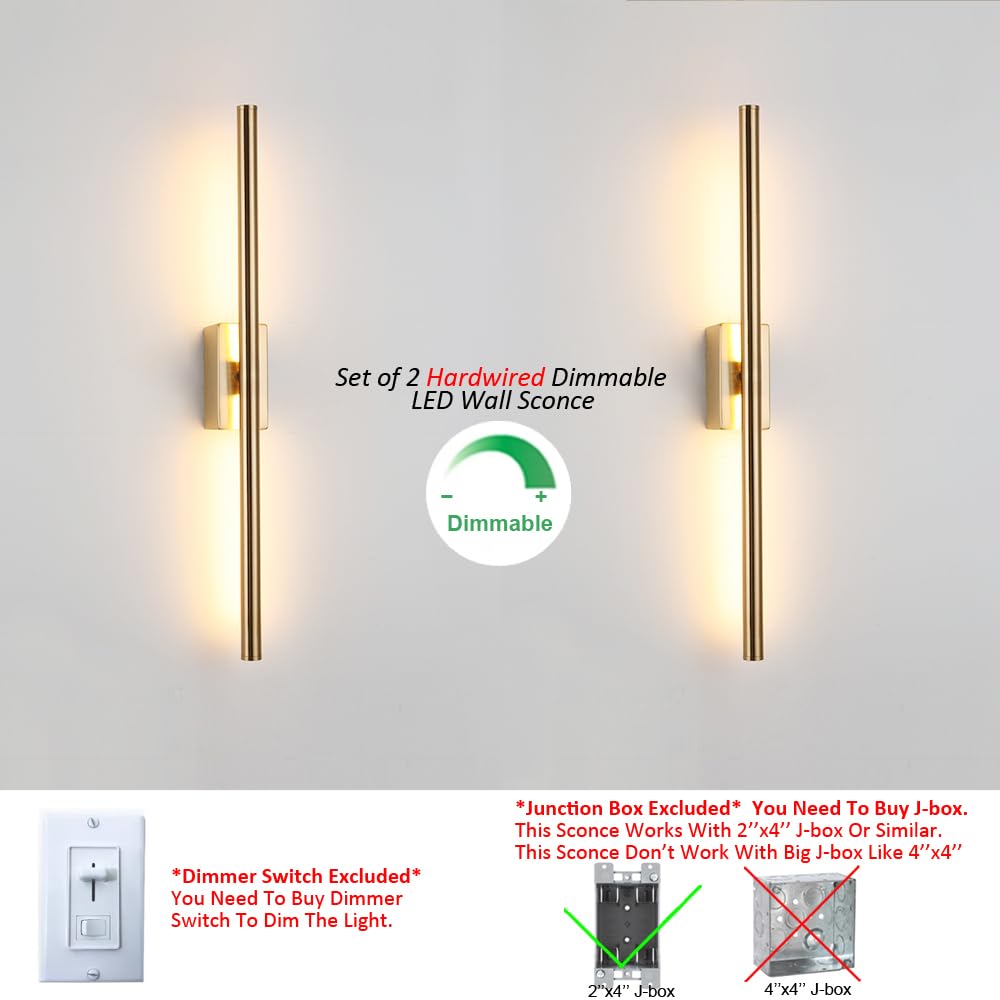 Reddragon Lighting Modern Gold Wall Sconce Set of 2, 24 Inch Hardwired Dimmable Tube Light for Bathroom, Foyer & Bedroom