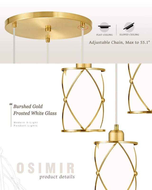 Osimir Brushed Gold Pendant Light Fixtures, 3-Light Dining Room Chandeliers With Frosted Glass, Modern Cluster Hanging Pendant L