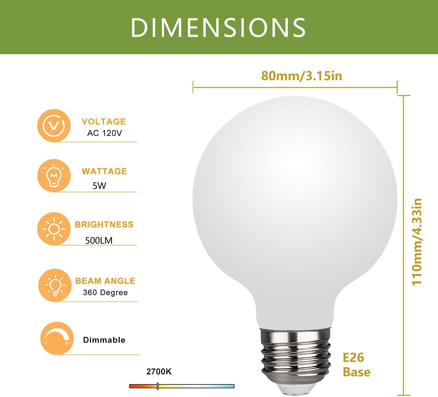 KGC Globe LED Bulbs 6 Pack, Dimmable 5.5W 4000K Neutral White, E26 Base, 500LM, CRI90 for Bathroom Vanity & Bedroom