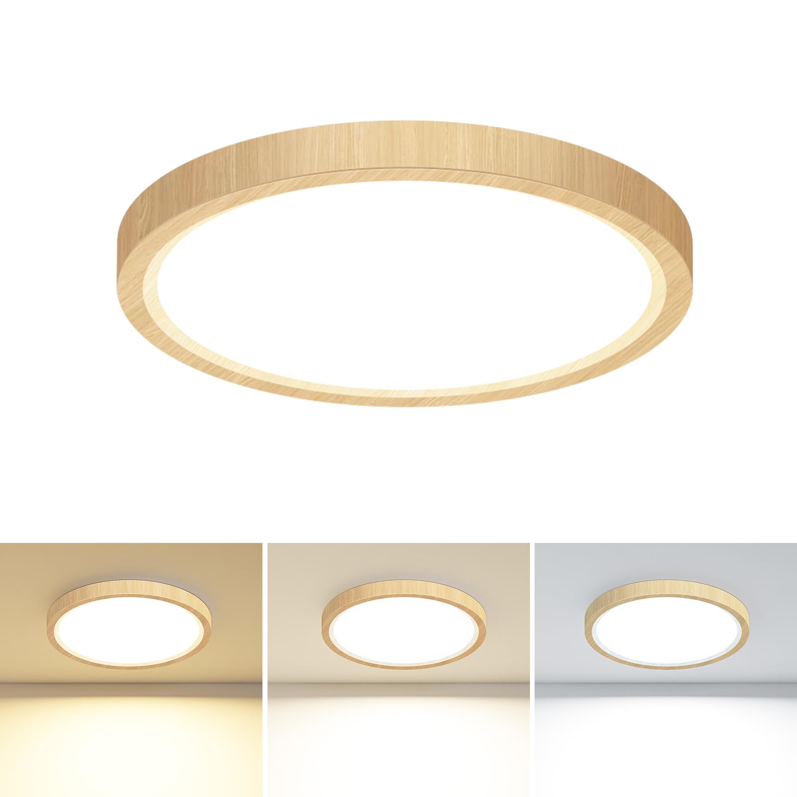 Flush Mount Ceiling Light Fixtures - 3000K-4000K-6500K & 100W Equivalent Flat Led Lights for Room Ceiling 7.5Inch Ultra Thin Round White Ceiling Lights for Bedroom Kitchen Bathroom Hallway (Wood
